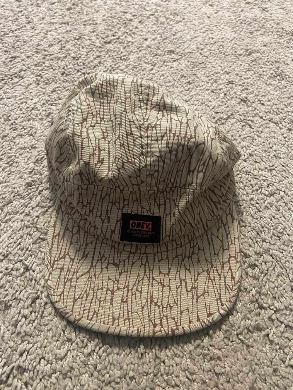 OBEY Hat Cap Strap Back Mens One Size Beige Geometric 5 Panel Adjustable Cotton